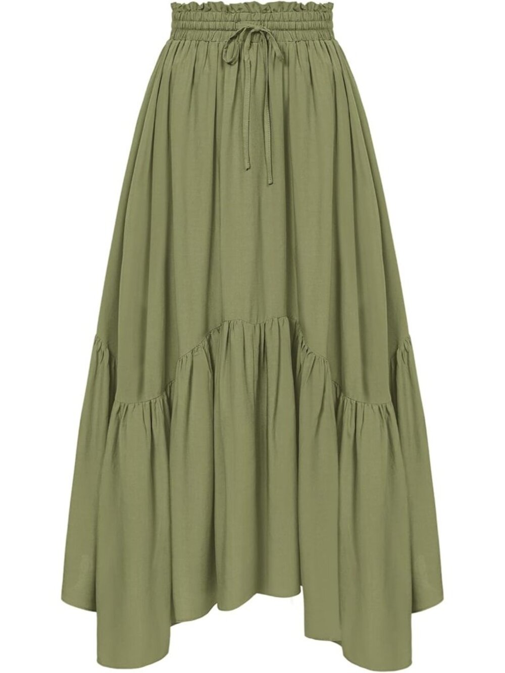 Women Grey Green Drawstring Renaissance Boho Flowy Asymmetric Tiered Maxi Skirt